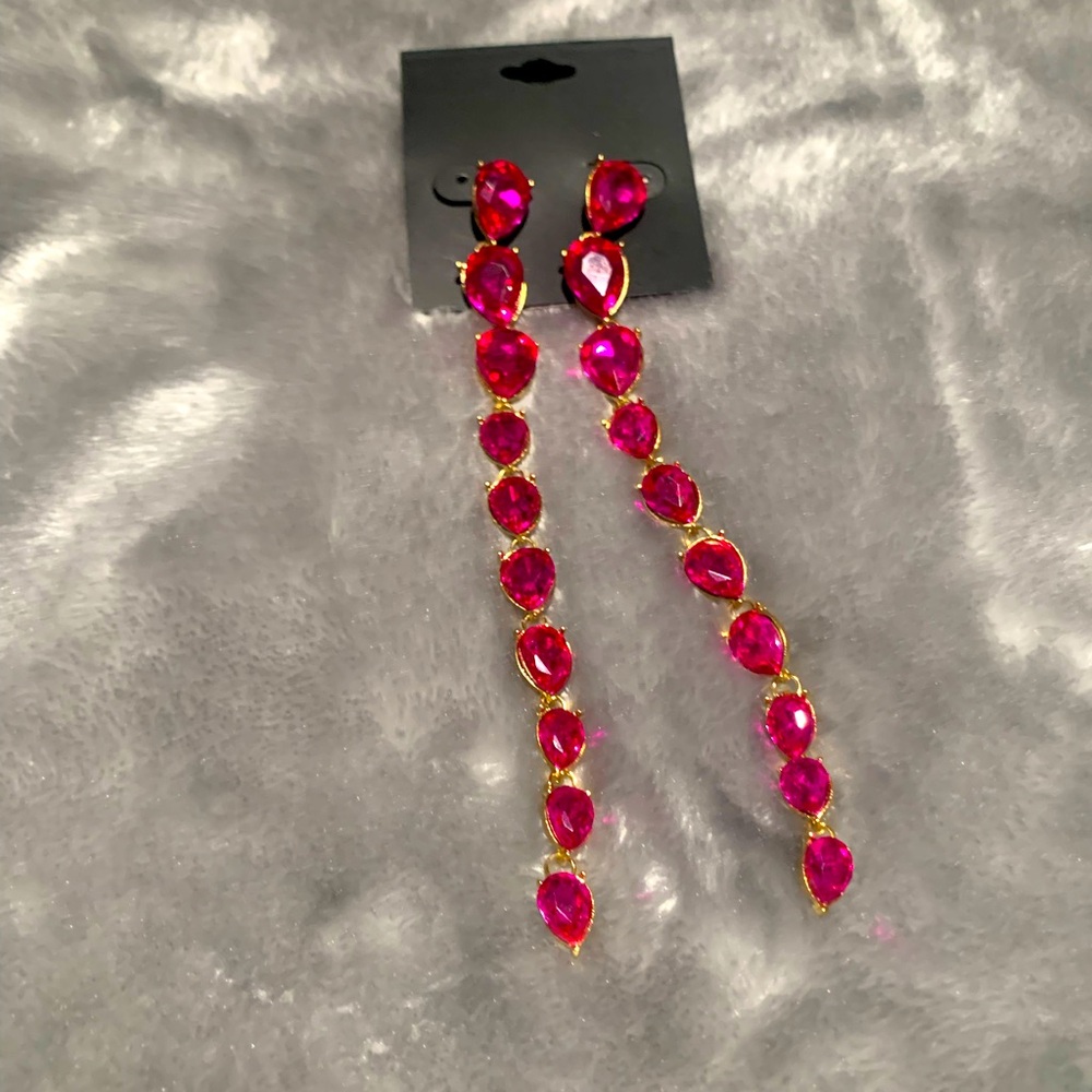 Pink Jewel Tone Long Pierced Earrings